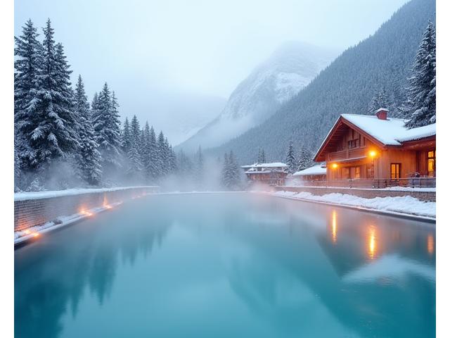Aussen-Thermalbecken im Winter, umgeben von verschneiten Bergen und Bäumen.