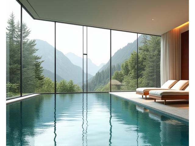 Ein heller, moderner Innen-Thermalbereich mit grossen Glasfronten und bequemen Liegen.